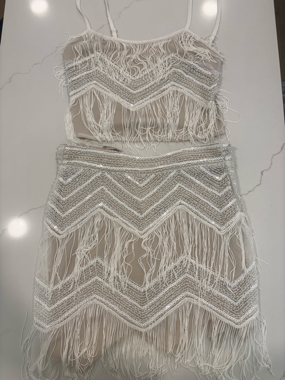 White Fringe Sequin Two-Piece Dress